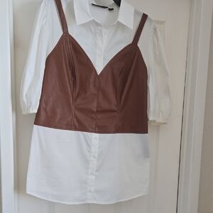 New York & Company White and Brown Button Down Shirt